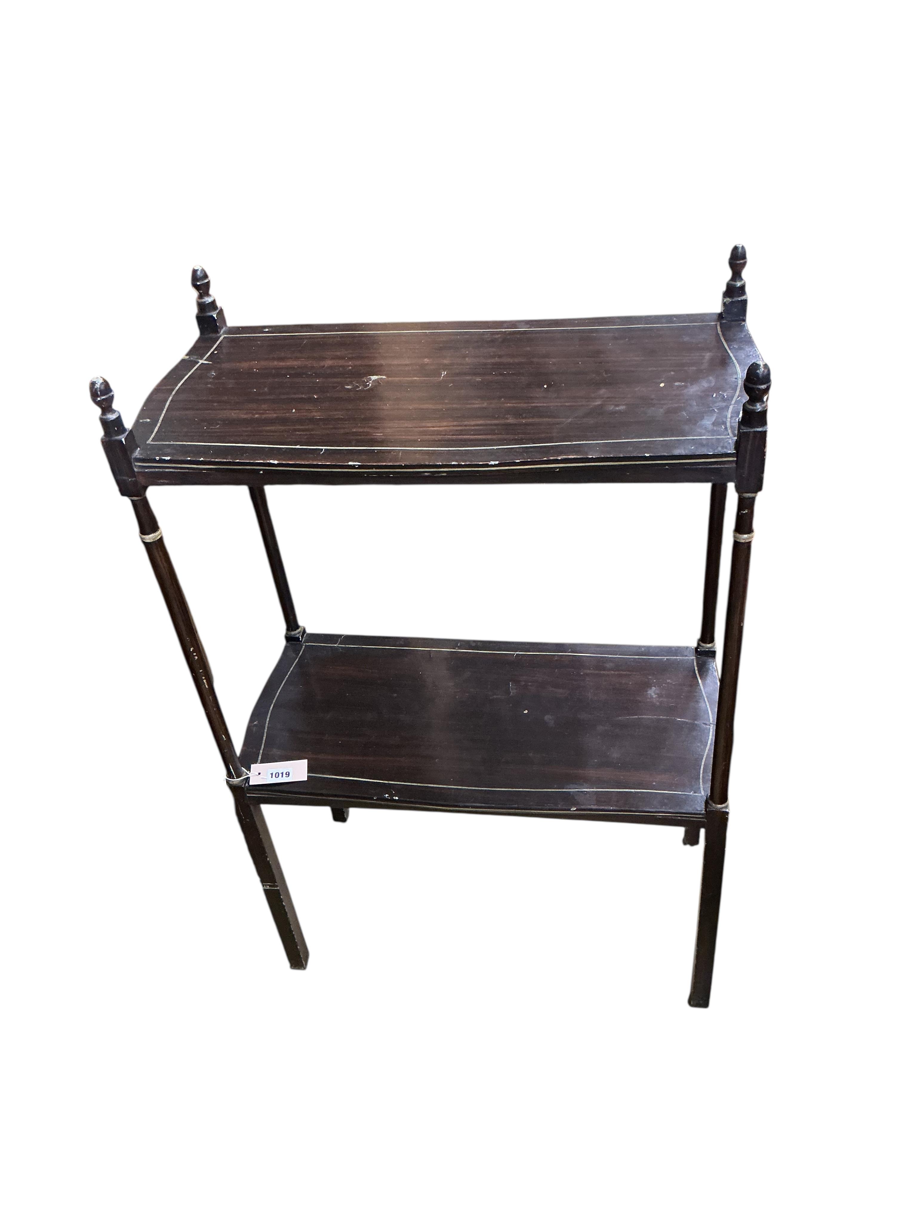 A Regency style simulated rosewood side table and another similar two tier etagere, width 62cm, depth 30cm, height 92cm